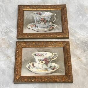 Vintage Framed Porcelain Tea Cup Art Print By Barbara Mock Signed Art 8.5"x6.75"